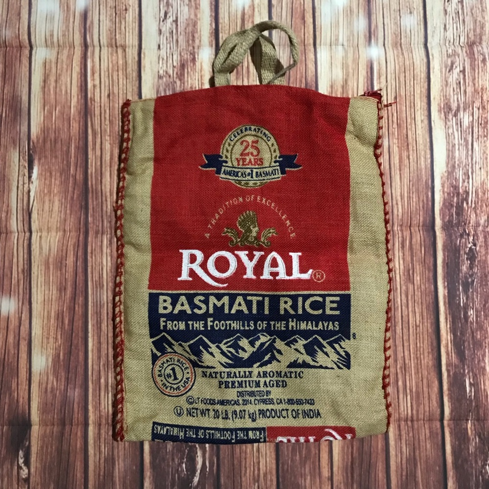 Upcycled rice sack tote.